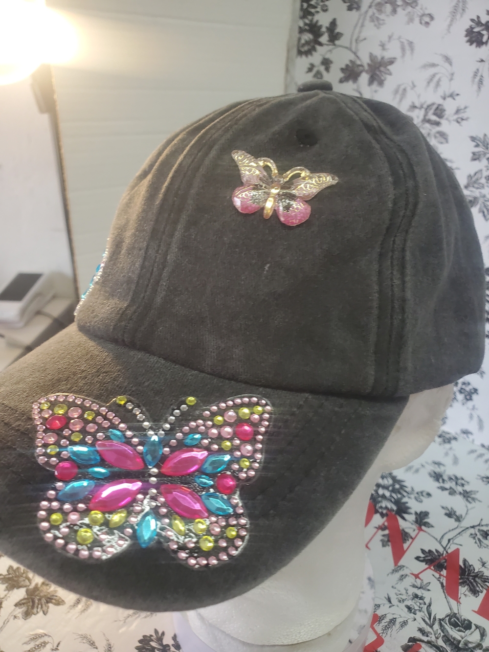 Hand Crafted Black Hat with Pink & Blue Jeweled Butterflies